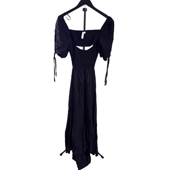 The Frolic Fin Linen Shirred Front Puff Sleeve Midi Summer Dress Black Size 8 - Picture 5 of 10